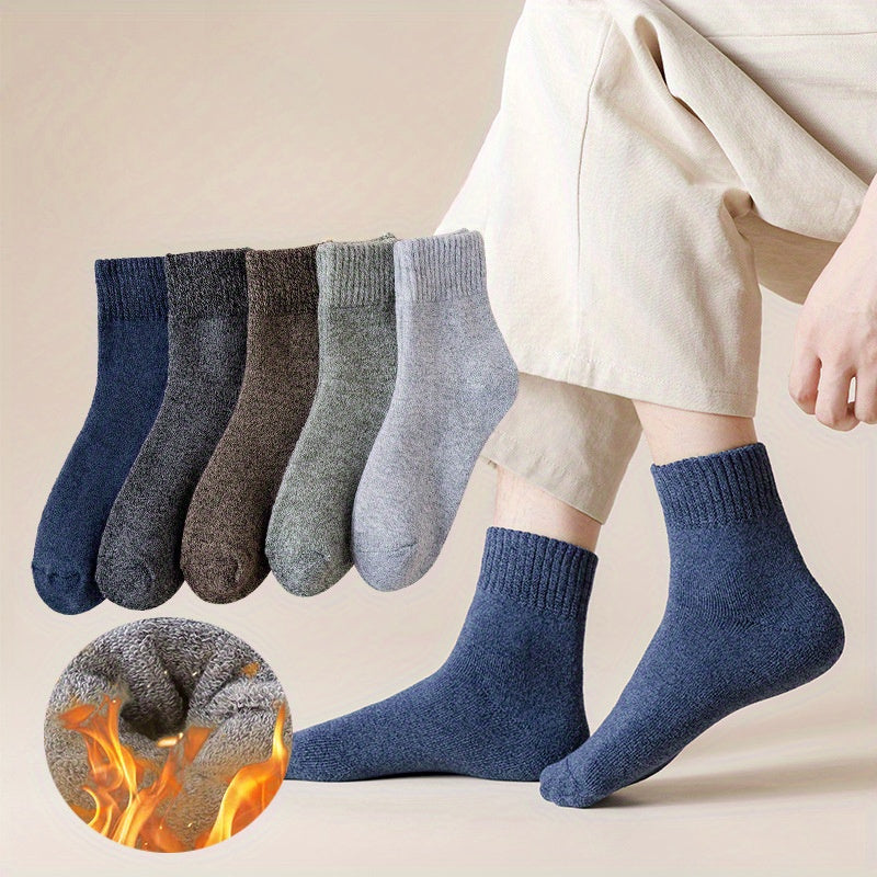 5pairs Socks Men's Winter Terry Socks Fleece Thickened Solid Color Mid Tube Socks Parallel Line Towel Socks Warm Floor Socks Lootquake LLC