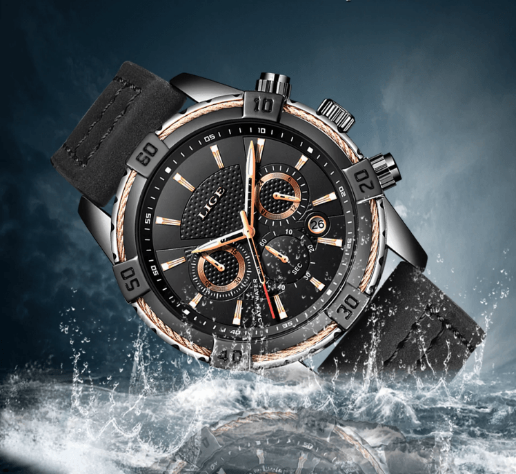 Men's Waterproof Watch With Chronometers Date Display Gold Detail Excellent Background Perfect Gift Stevvex