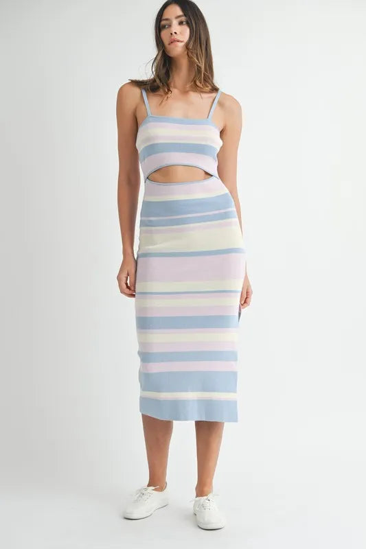 Multi Color Striped Front Cutout Knit Midi Dress For Women – Vibrant Striped Bodycon Dress, Cutout Knit Dress, Stylish Summer Midi Dress, Trendy Statement Dress Stevvex