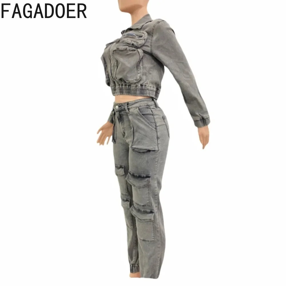 FAGADOER Fashion Denim Two Piece Set for Women Y2k Streetwear Lapel Zip Crop Jacket And Cargo Pockets Stretchy Jeans Outfits Purplish Diva