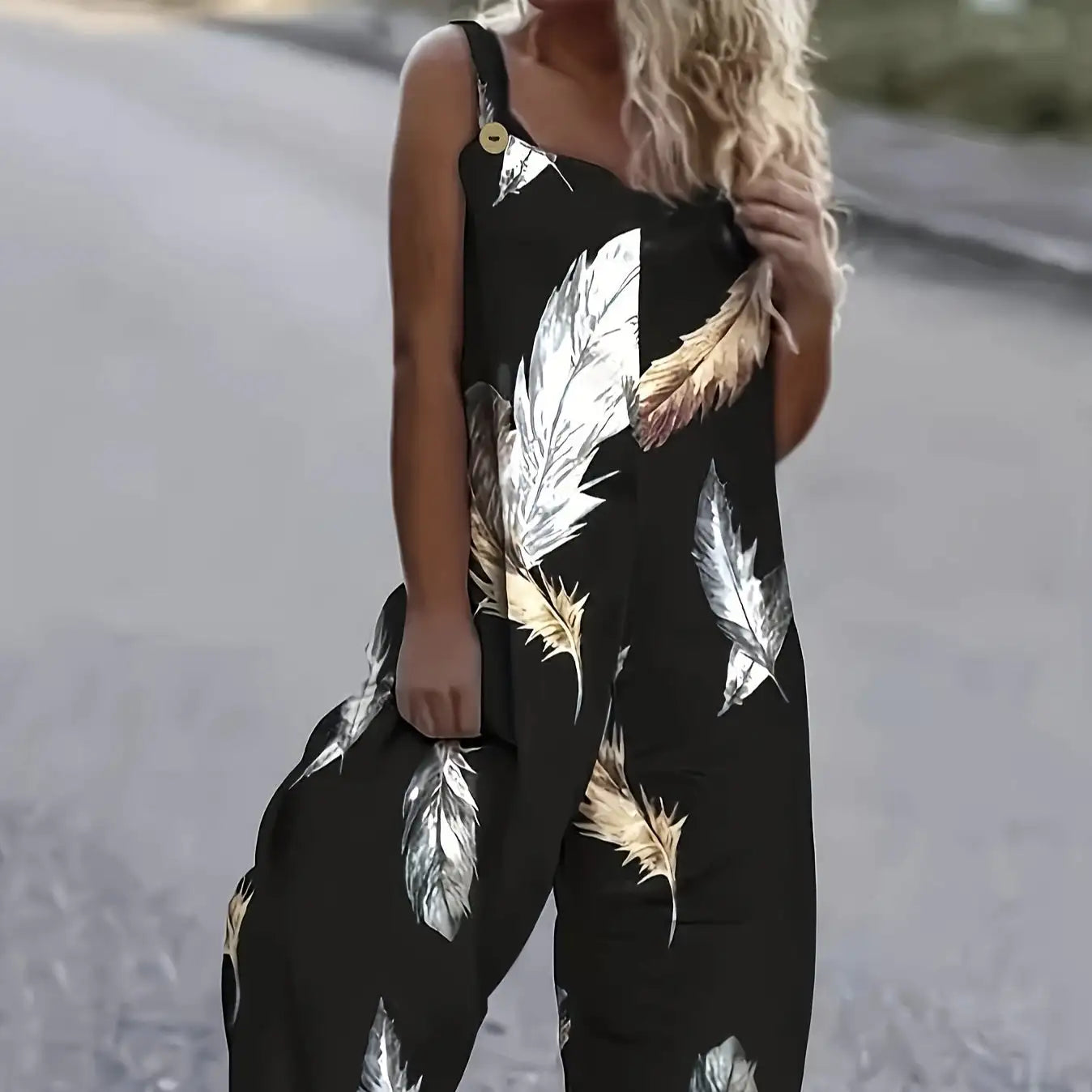 Women's Feather Print Ruffle Hem Pleated Fashionable Jumpsuit - SJB-DIAMOND ELITES