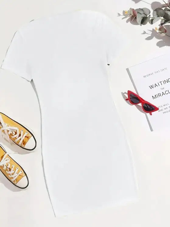 Ladies' Round Neck Solid Color Letter Printed Fashionable Dress - SJB-DIAMOND ELITES