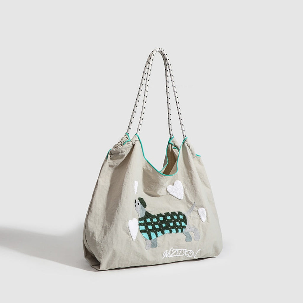 Large Capacity hobo bag with Embroidered Dog pattern, Shoulder bag Nylon, Shoulder Underarm Bag, Commuter hobo Bag Female