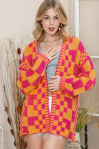 Taupe Colorblock Checked Open Front Knitted Cardigan