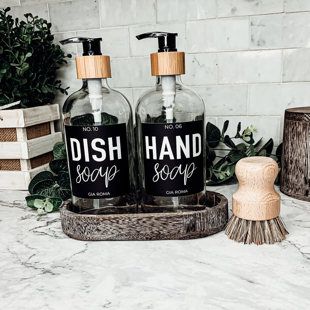 16oz Clear Glass Soap Bottle Refillable Boston Round With Black Label BandsCo Straps