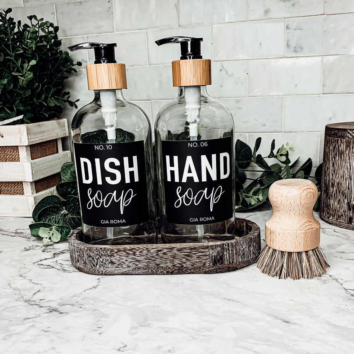 16oz Clear Glass Soap Bottle Refillable Boston Round With Black Label BandsCo Straps