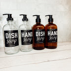 16oz Clear Glass Soap Bottle Refillable Boston Round With Black Label BandsCo Straps
