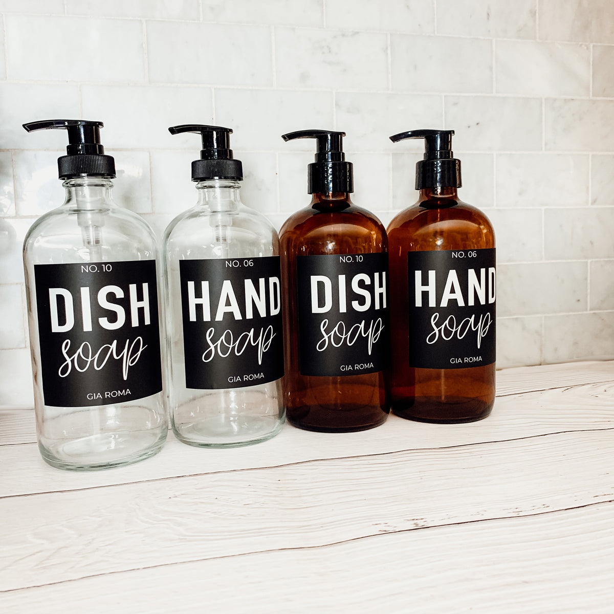 16oz Clear Glass Soap Bottle Refillable Boston Round With Black Label BandsCo Straps