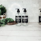 16oz Clear Glass Soap Bottle Refillable Boston Round With Black Label BandsCo Straps