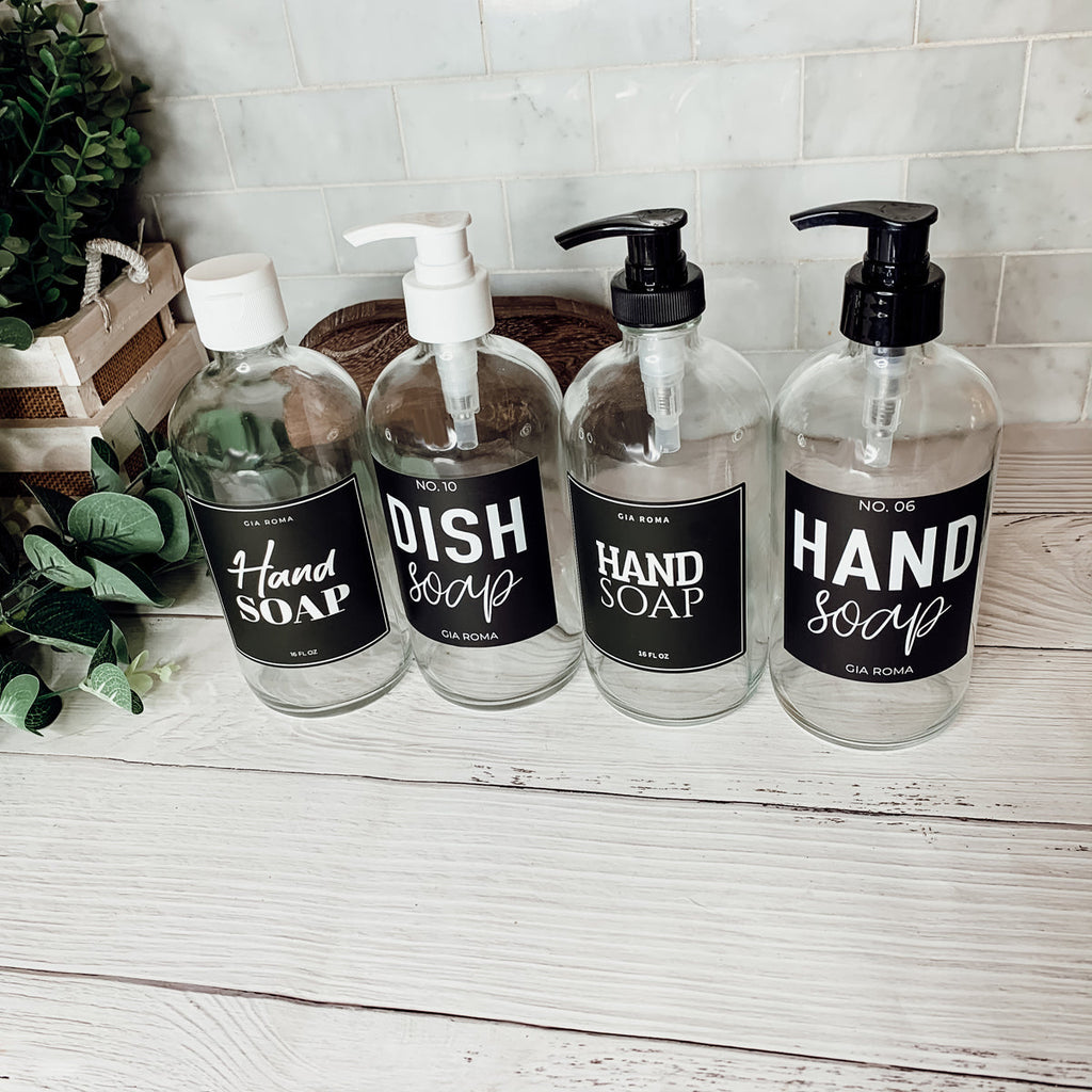 16oz Clear Glass Soap Bottle Refillable Boston Round With Black Label BandsCo Straps