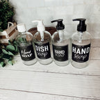 16oz Clear Glass Soap Bottle Refillable Boston Round With Black Label BandsCo Straps
