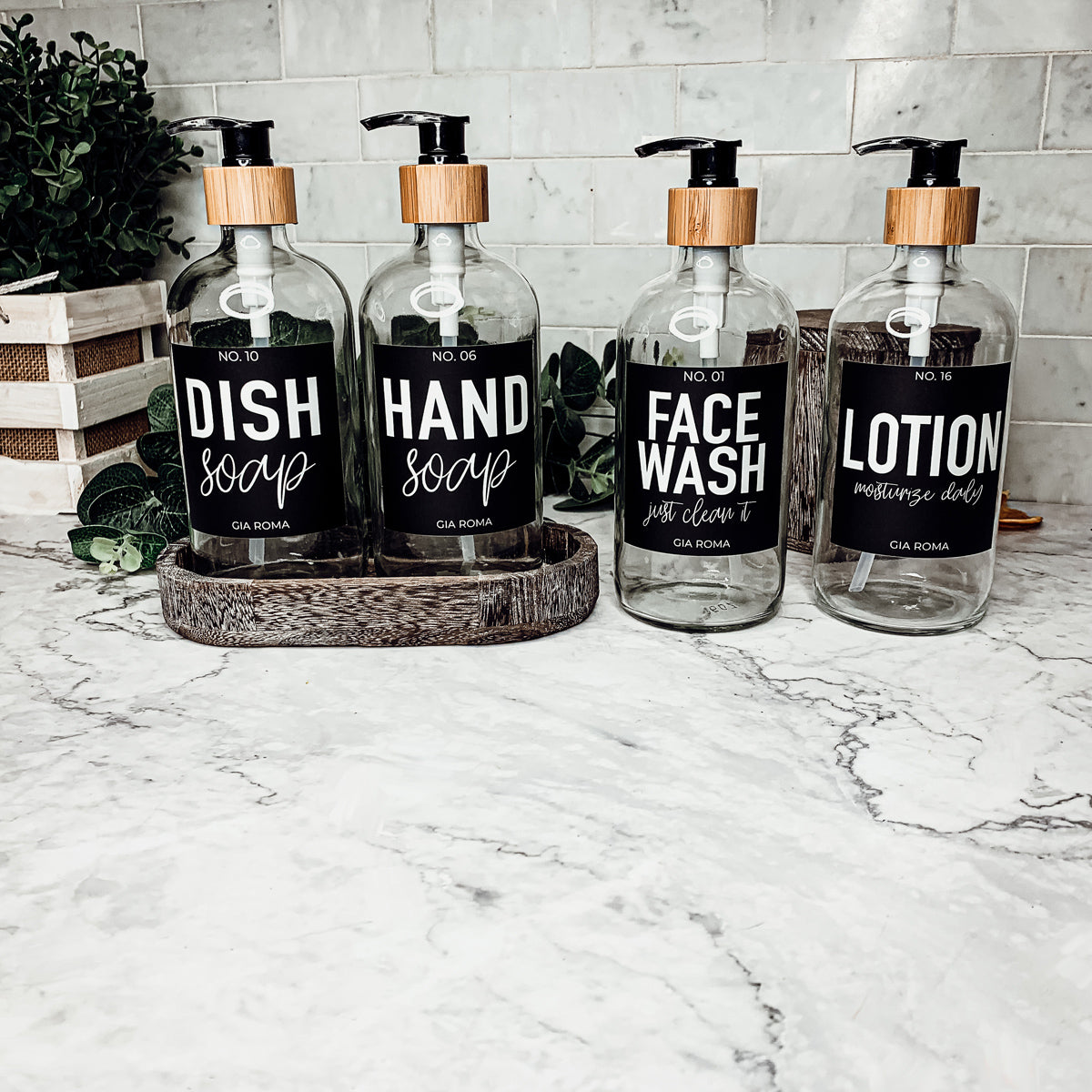 16oz Clear Glass Soap Bottle Refillable Boston Round With Black Label BandsCo Straps