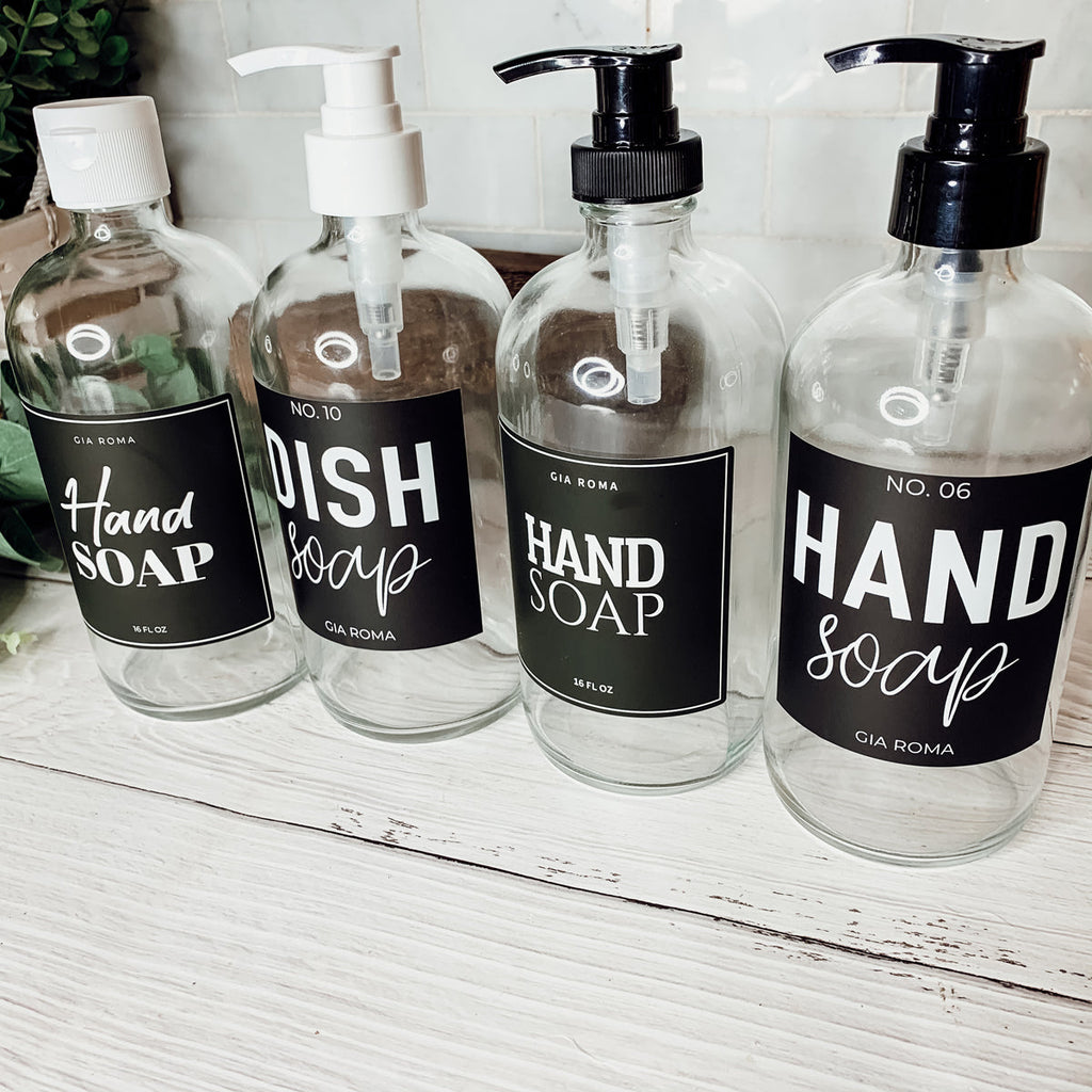 16oz Clear Glass Soap Bottle Refillable Boston Round With Black Label BandsCo Straps