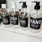 16oz Clear Glass Soap Bottle Refillable Boston Round With Black Label BandsCo Straps