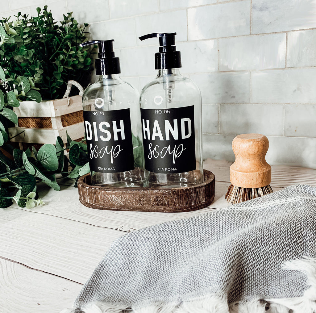 16oz Clear Glass Soap Bottle Refillable Boston Round With Black Label BandsCo Straps