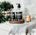 16oz Clear Glass Soap Bottle Refillable Boston Round With Black Label BandsCo Straps