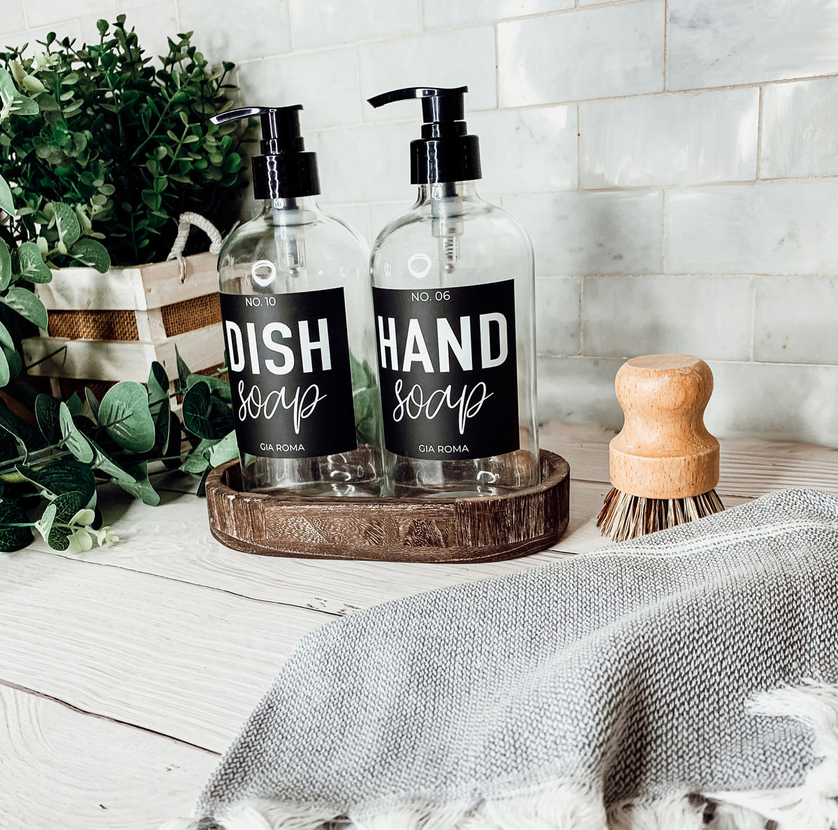 16oz Clear Glass Soap Bottle Refillable Boston Round With Black Label BandsCo Straps
