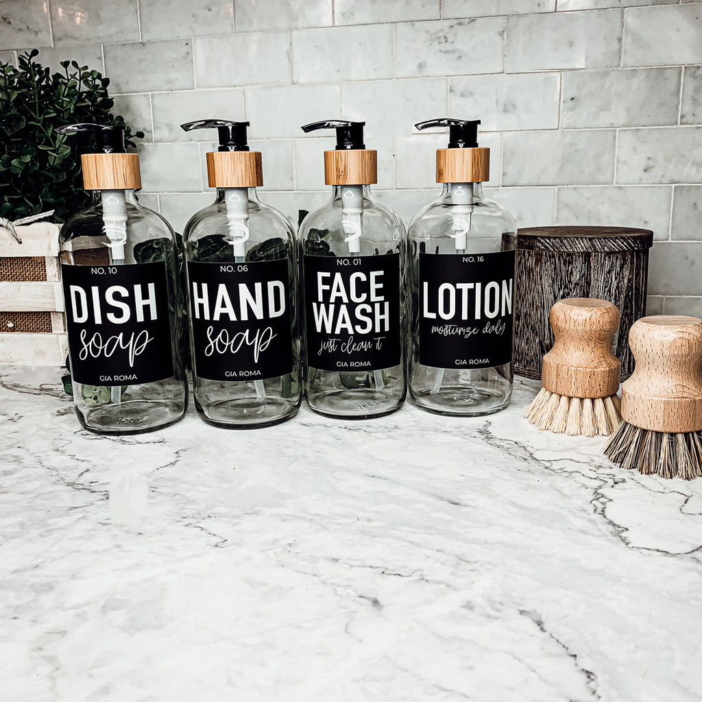 16oz Clear Glass Soap Bottle Refillable Boston Round With Black Label BandsCo Straps