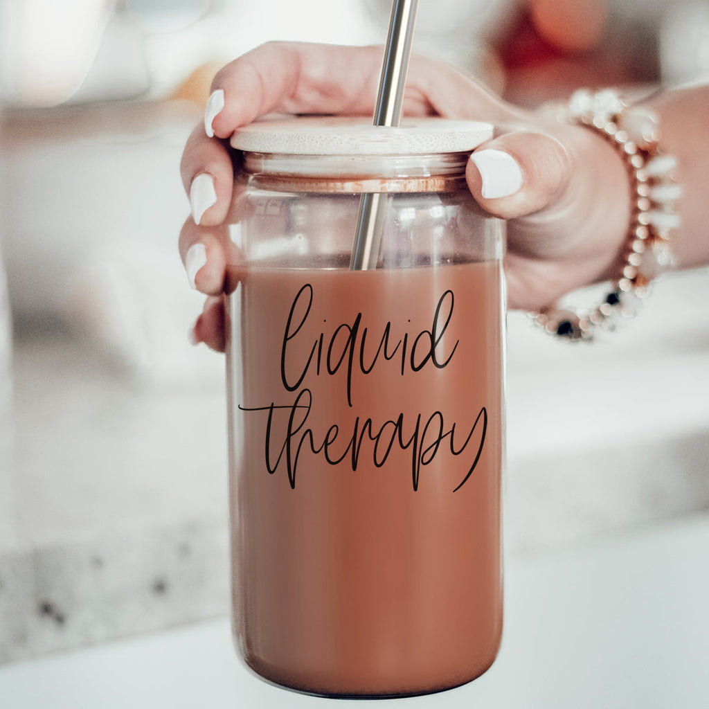 Liquid Therapy 17oz Glass Tumbler With Bamboo Lid, 2 Stainless Straws And Straw Cleaner BandsCo Straps