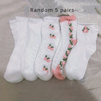 5 Pairs Floral Textured Socks, Cute & Soft Ruffle Trim Mid Tube Socks, Women's Stockings & Hosiery Lootquake LLC