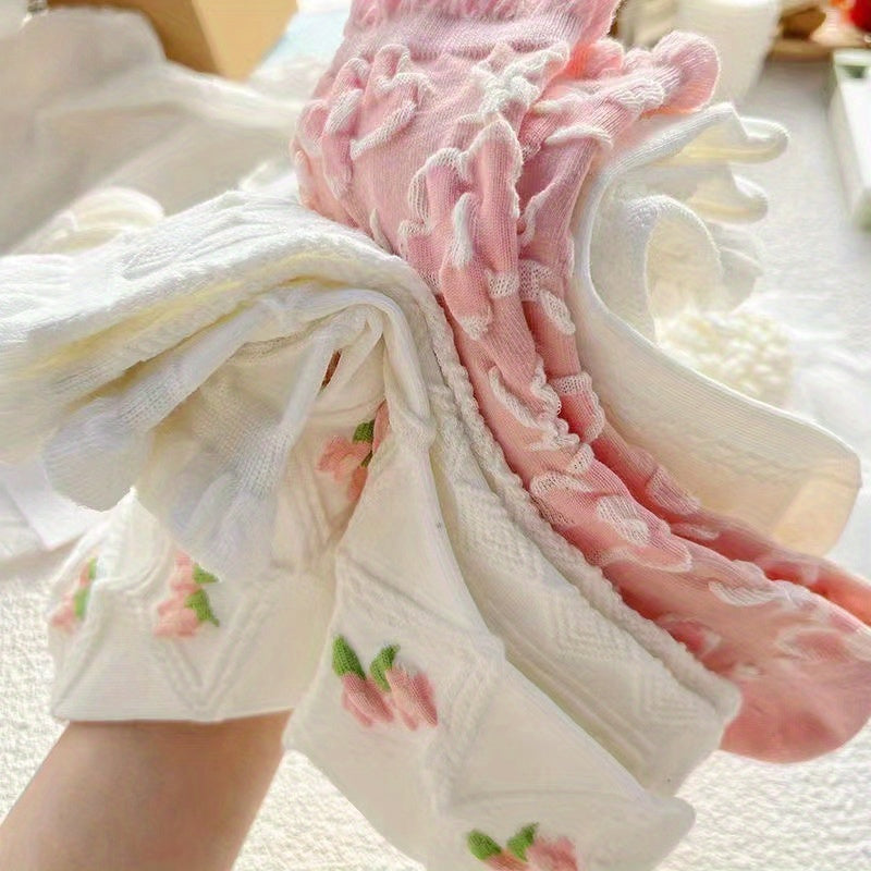 5 Pairs Floral Textured Socks, Cute & Soft Ruffle Trim Mid Tube Socks, Women's Stockings & Hosiery Lootquake LLC