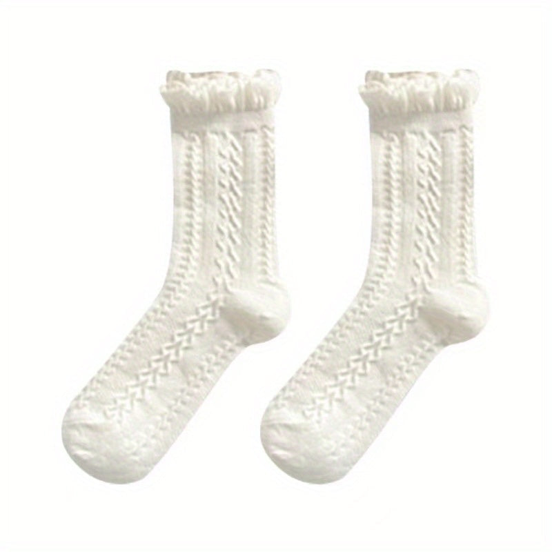 5 Pairs Floral Textured Socks, Cute & Soft Ruffle Trim Mid Tube Socks, Women's Stockings & Hosiery Lootquake LLC