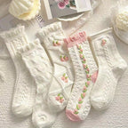 5 Pairs Floral Textured Socks, Cute & Soft Ruffle Trim Mid Tube Socks, Women's Stockings & Hosiery Lootquake LLC