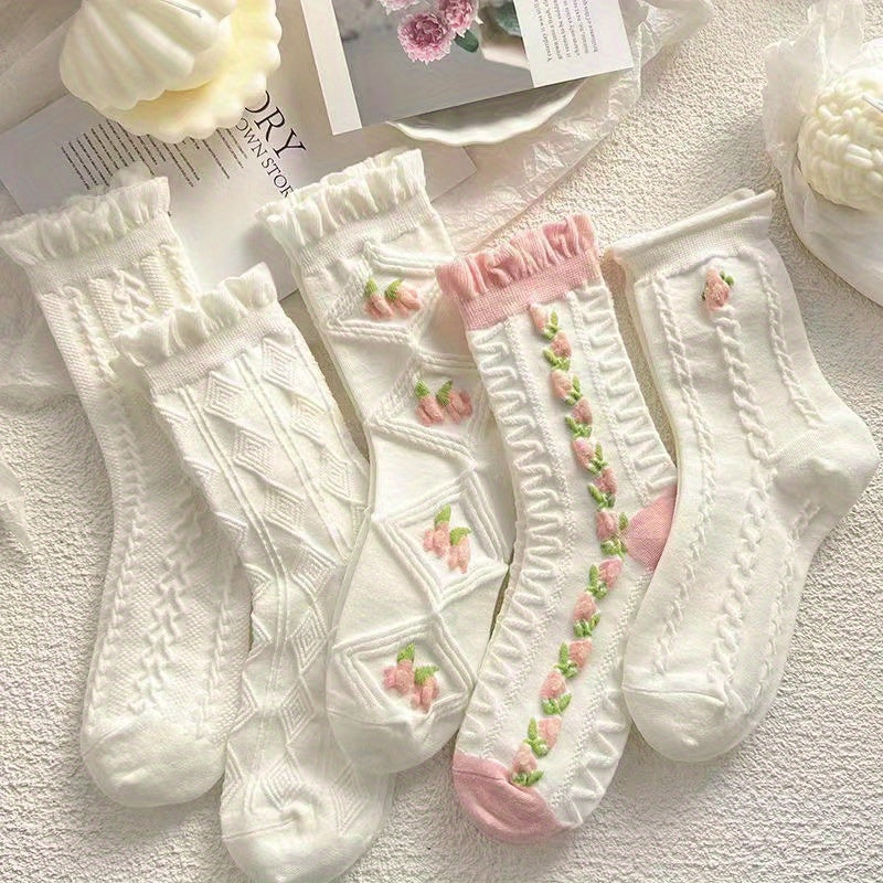 5 Pairs Floral Textured Socks, Cute & Soft Ruffle Trim Mid Tube Socks, Women's Stockings & Hosiery Lootquake LLC
