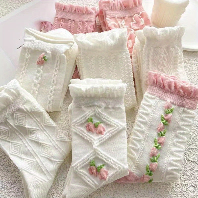 5 Pairs Floral Textured Socks, Cute & Soft Ruffle Trim Mid Tube Socks, Women's Stockings & Hosiery Lootquake LLC