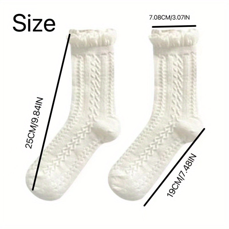 5 Pairs Floral Textured Socks, Cute & Soft Ruffle Trim Mid Tube Socks, Women's Stockings & Hosiery Lootquake LLC