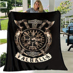 1pc Flanged Blanket, Retro Viking Logo Printing Blanket, Comfortable And Comfortable Blanket, For Camping Sofa Bed And Couch Office, Suitable For Gift Blankets In All Seasons