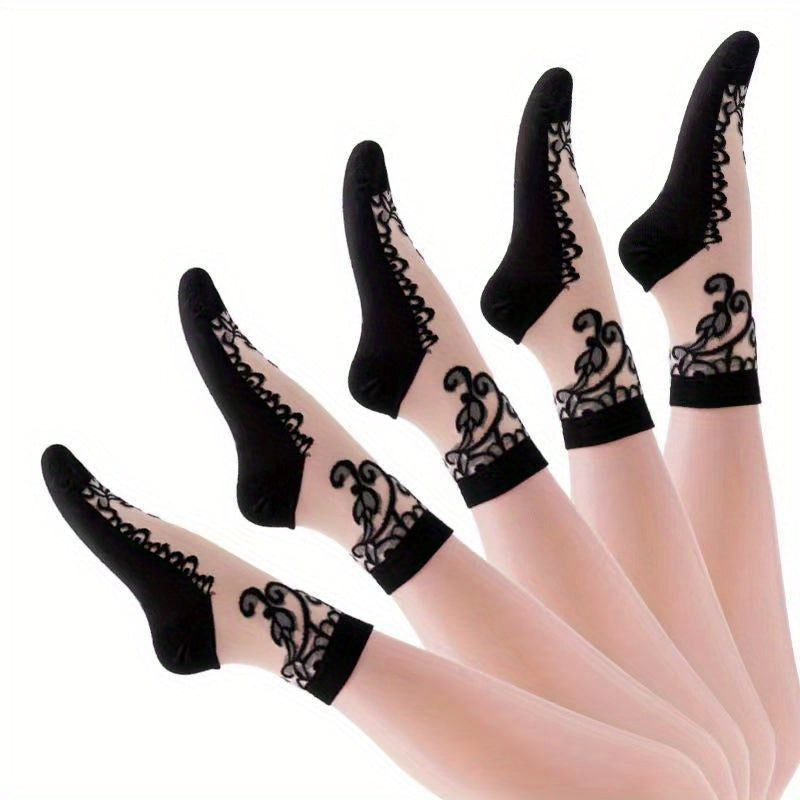 5 Pairs Embroidered Mesh Socks, Thin & Comfy Mid Tube Socks, Women's Stockings & Hosiery Lootquake LLC