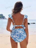 Maternity Beachwear - Floral Print Ruffle Trim Hollow-Out Swimsuit - SJB-DIAMOND ELITES