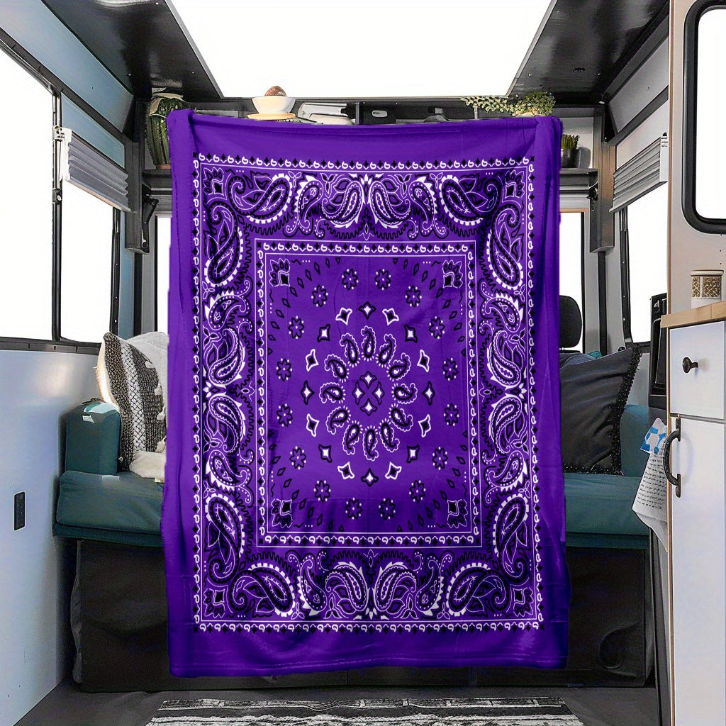 Purple Paisley Pattern Blanket, High-definition Printed Blanket, Soft And Comfortable Home Blanket, Car Travel Camping Warm Blanket, Office Lunch Break Blanket, 8.11oz Per Square Meter