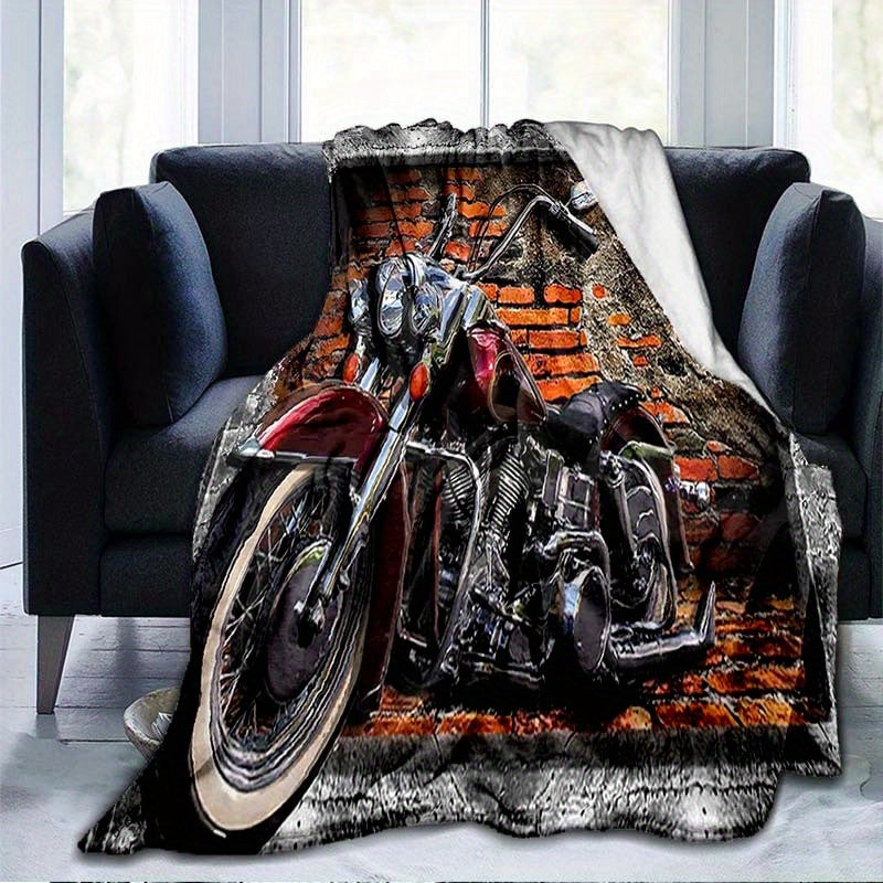 1pc Retro Red Brick Motorcycle Printed Soft and Warm Flannel Blanket - Cozy Bed, Living Room, Picnic, Traveler's Sofa, and Car Interior Blanket for Ultimate Comfort