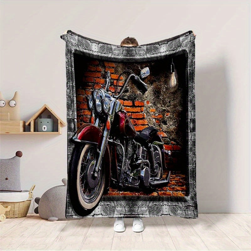 1pc Retro Red Brick Motorcycle Printed Soft and Warm Flannel Blanket - Cozy Bed, Living Room, Picnic, Traveler's Sofa, and Car Interior Blanket for Ultimate Comfort