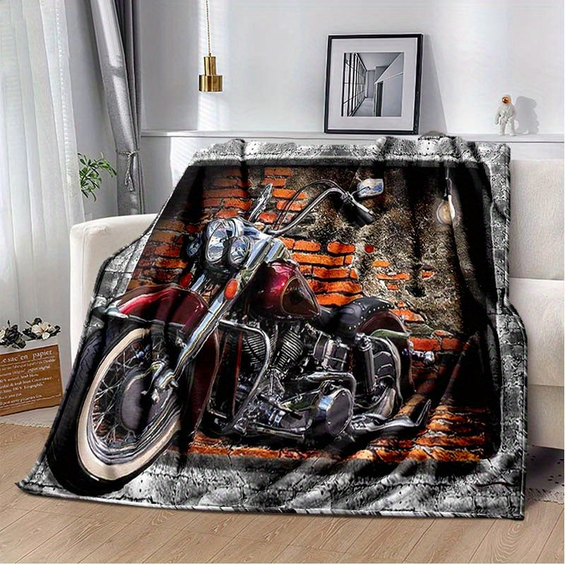 1pc Retro Red Brick Motorcycle Printed Soft and Warm Flannel Blanket - Cozy Bed, Living Room, Picnic, Traveler's Sofa, and Car Interior Blanket for Ultimate Comfort