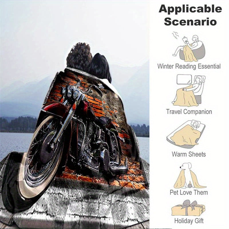 1pc Retro Red Brick Motorcycle Printed Soft and Warm Flannel Blanket - Cozy Bed, Living Room, Picnic, Traveler's Sofa, and Car Interior Blanket for Ultimate Comfort