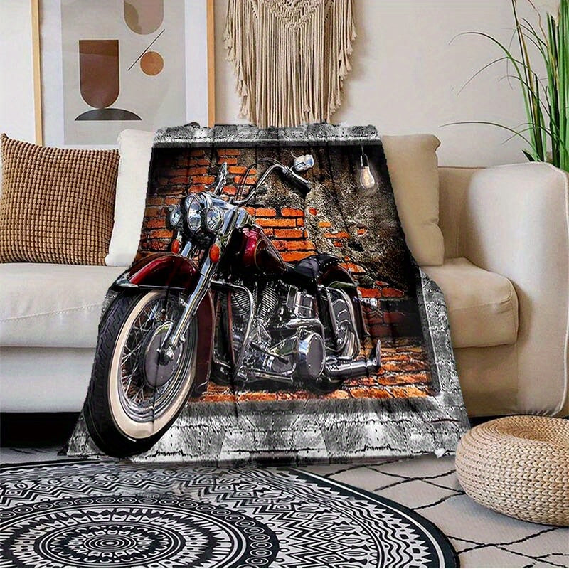 1pc Retro Red Brick Motorcycle Printed Soft and Warm Flannel Blanket - Cozy Bed, Living Room, Picnic, Traveler's Sofa, and Car Interior Blanket for Ultimate Comfort