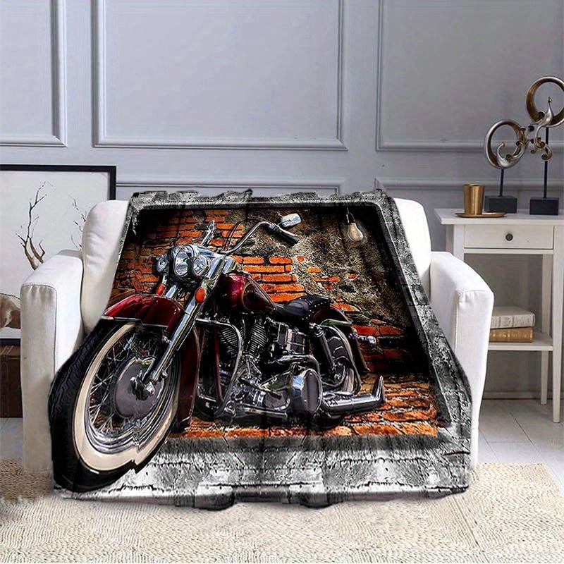 1pc Retro Red Brick Motorcycle Printed Soft and Warm Flannel Blanket - Cozy Bed, Living Room, Picnic, Traveler's Sofa, and Car Interior Blanket for Ultimate Comfort