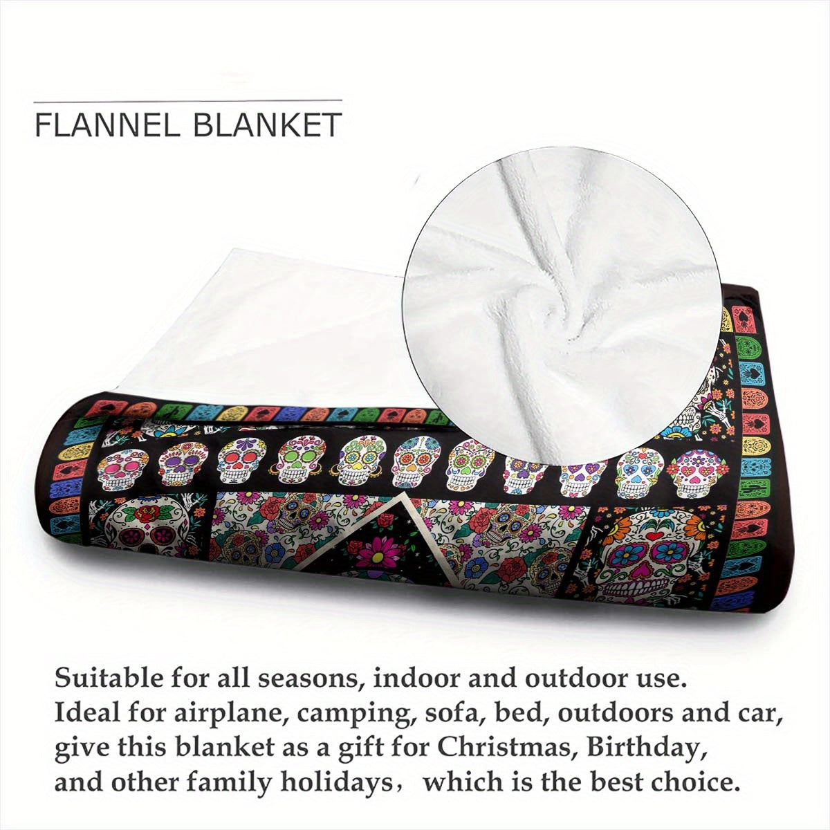 Four Seasons Cozy Mexican Skull Pattern Fleece Blanket - Soft Polyester Fiber, Warm Flannel, Car Camper Nap Blanket, Vibrant Printed Design - Perfect for Indoor and Outdoor Use