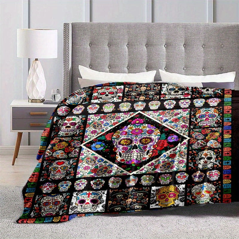 Four Seasons Cozy Mexican Skull Pattern Fleece Blanket - Soft Polyester Fiber, Warm Flannel, Car Camper Nap Blanket, Vibrant Printed Design - Perfect for Indoor and Outdoor Use