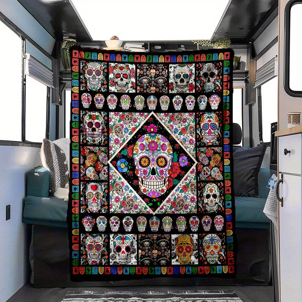 Four Seasons Cozy Mexican Skull Pattern Fleece Blanket - Soft Polyester Fiber, Warm Flannel, Car Camper Nap Blanket, Vibrant Printed Design - Perfect for Indoor and Outdoor Use