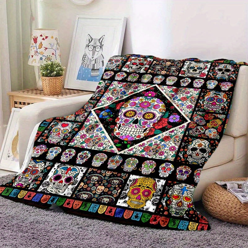 Four Seasons Cozy Mexican Skull Pattern Fleece Blanket - Soft Polyester Fiber, Warm Flannel, Car Camper Nap Blanket, Vibrant Printed Design - Perfect for Indoor and Outdoor Use