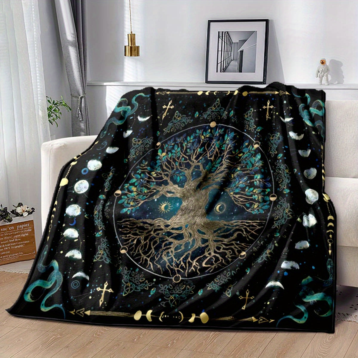 1pc Cozy Mysterious Moon Phase Tree Print Flannel Blanket, Soft Warm Throw Blanket Nap Blanket For Couch Sofa Office Bed Camping Travelling, Multi-purpose Holiday Gift Blanket