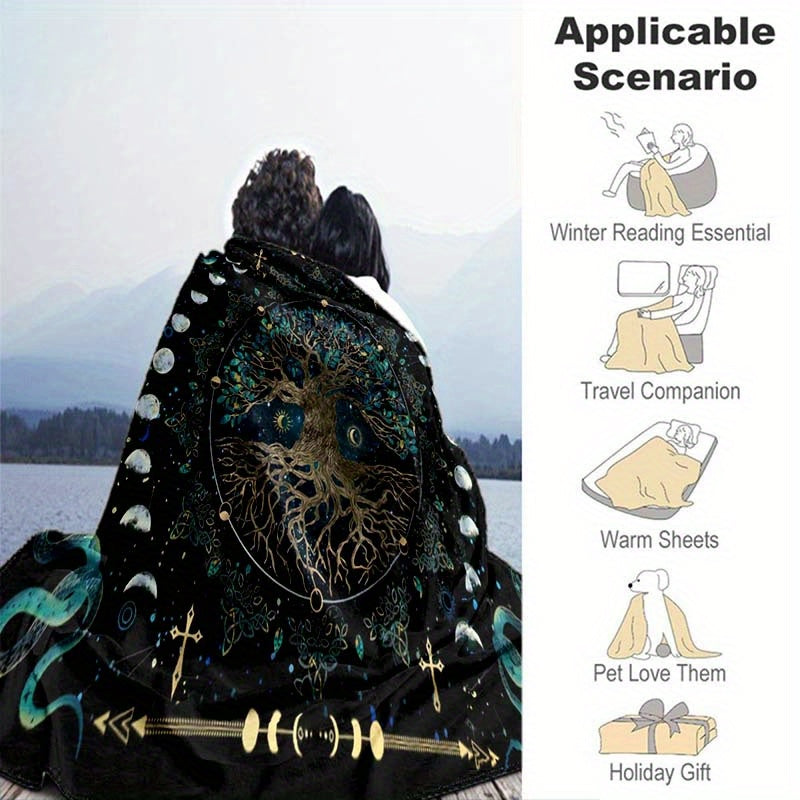 1pc Cozy Mysterious Moon Phase Tree Print Flannel Blanket, Soft Warm Throw Blanket Nap Blanket For Couch Sofa Office Bed Camping Travelling, Multi-purpose Holiday Gift Blanket