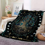 1pc Cozy Mysterious Moon Phase Tree Print Flannel Blanket, Soft Warm Throw Blanket Nap Blanket For Couch Sofa Office Bed Camping Travelling, Multi-purpose Holiday Gift Blanket