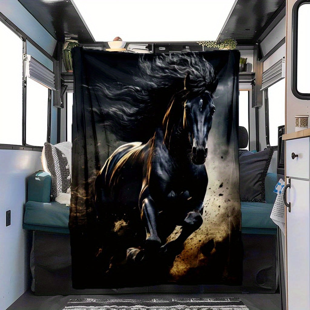 Running Black Horse Pattern Printed Nap RV Travel Camping Soft Comfortable Convenient All-Season Blanket