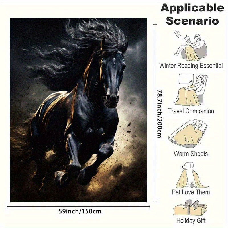 Running Black Horse Pattern Printed Nap RV Travel Camping Soft Comfortable Convenient All-Season Blanket