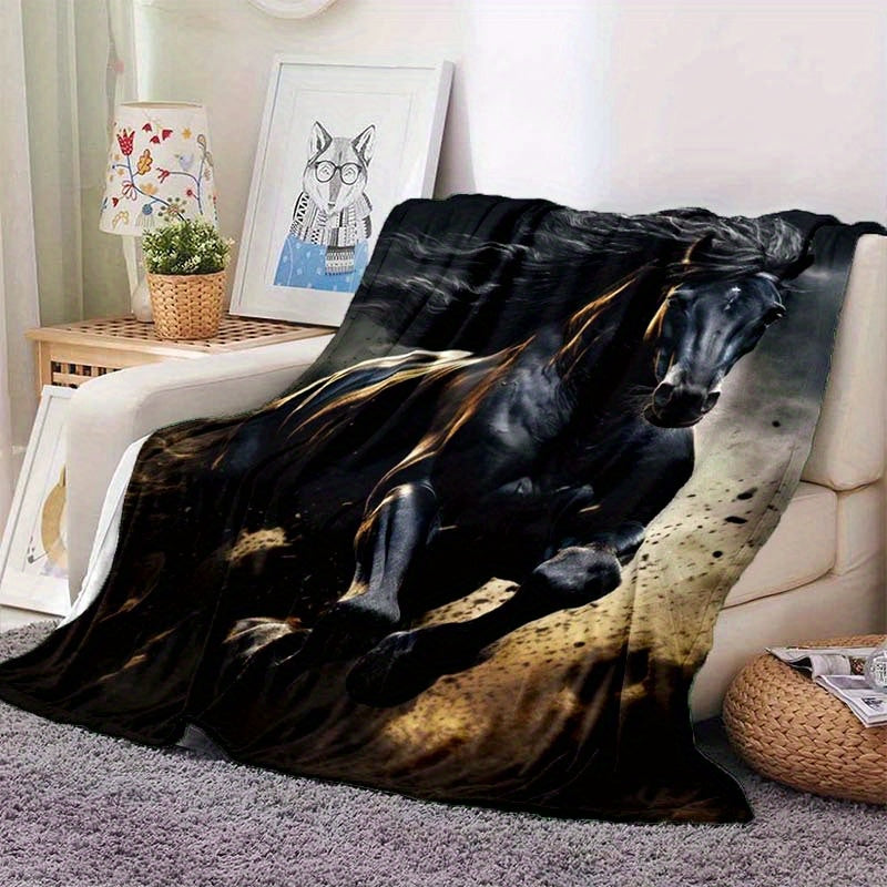 Running Black Horse Pattern Printed Nap RV Travel Camping Soft Comfortable Convenient All-Season Blanket